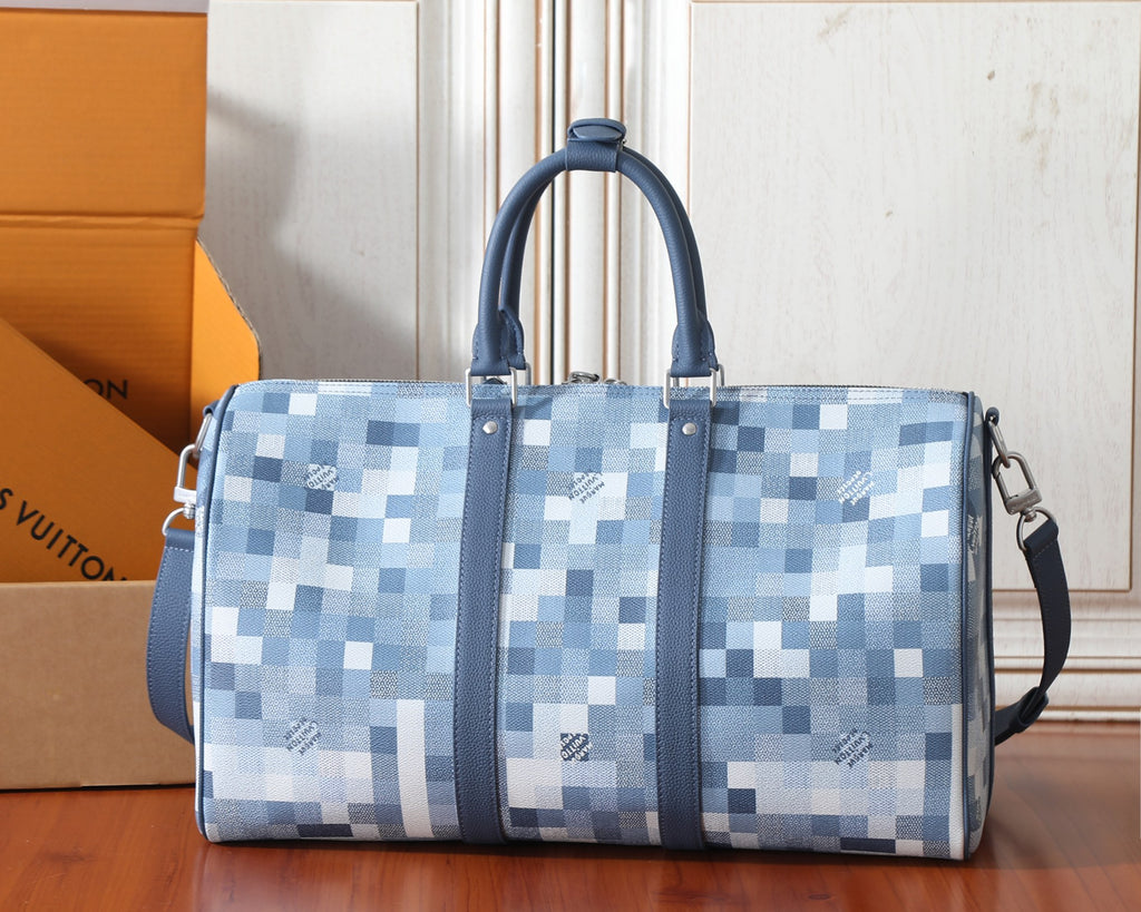 Louis Vuitton checkerboard duffel bag with dual handles and front straps