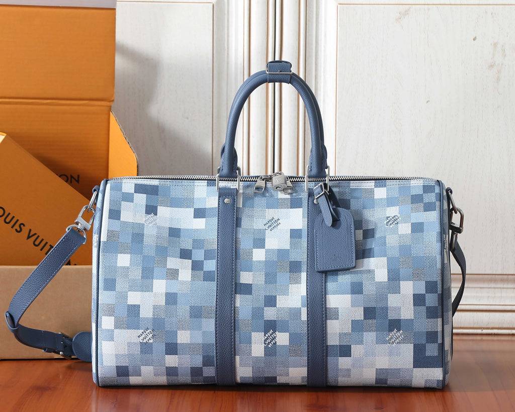 Louis Vuitton checkerboard duffel bag with top handles and zip closure