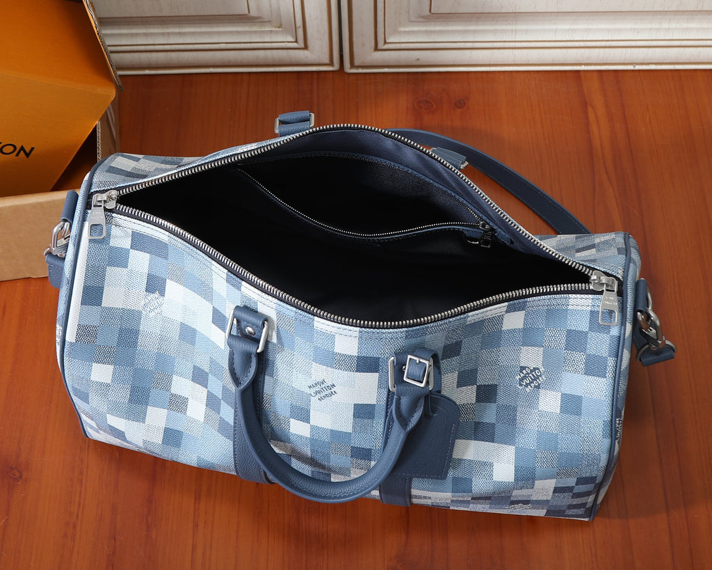 Louis Vuitton checkerboard duffel bag with open top and zip pocket
