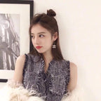 Rhinestone Chanel logo drop earrings, silver-tone, worn by model
