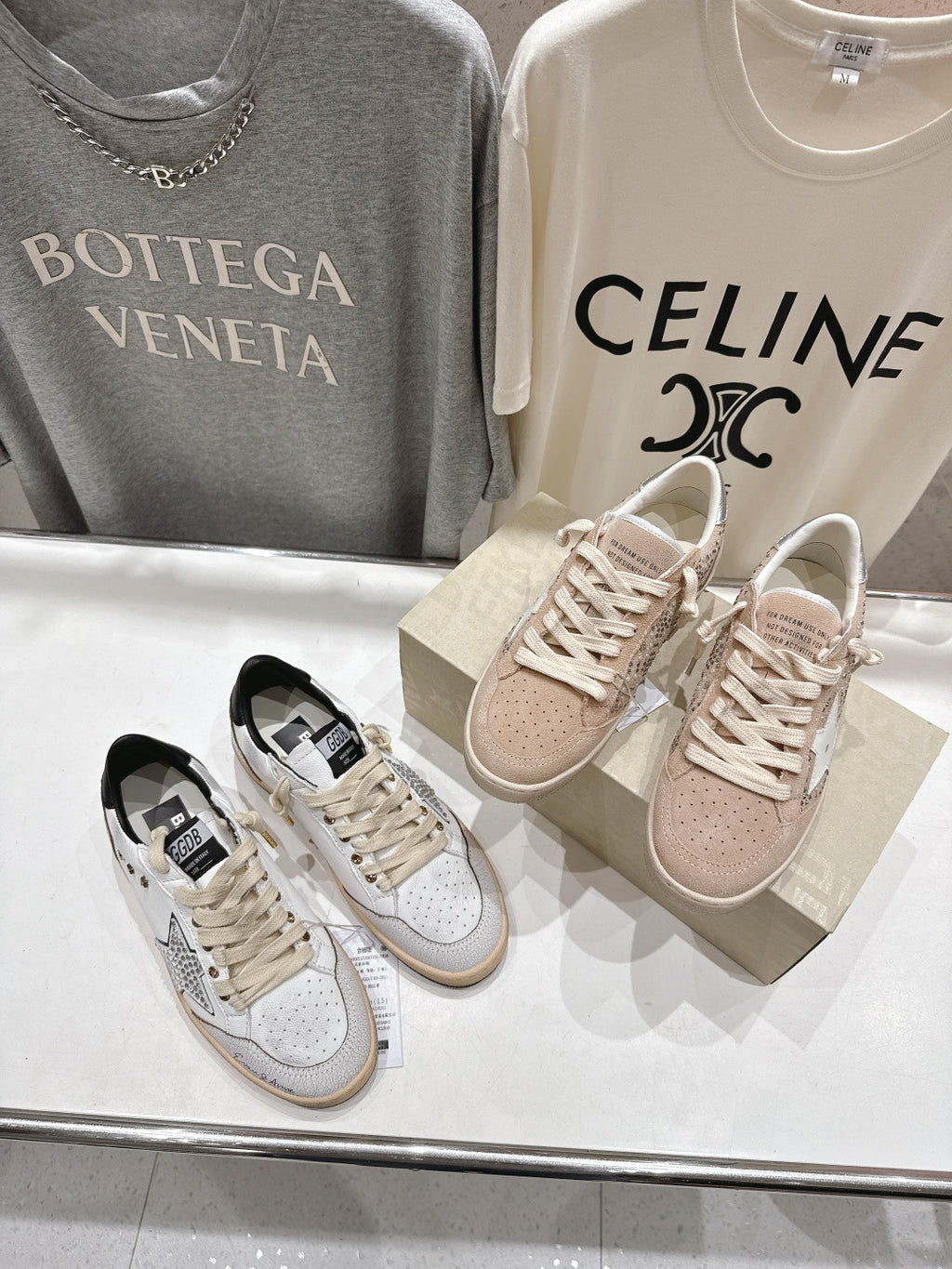 Golden Goose sneakers set: white leather with cream laces, tan sole, perforated toe