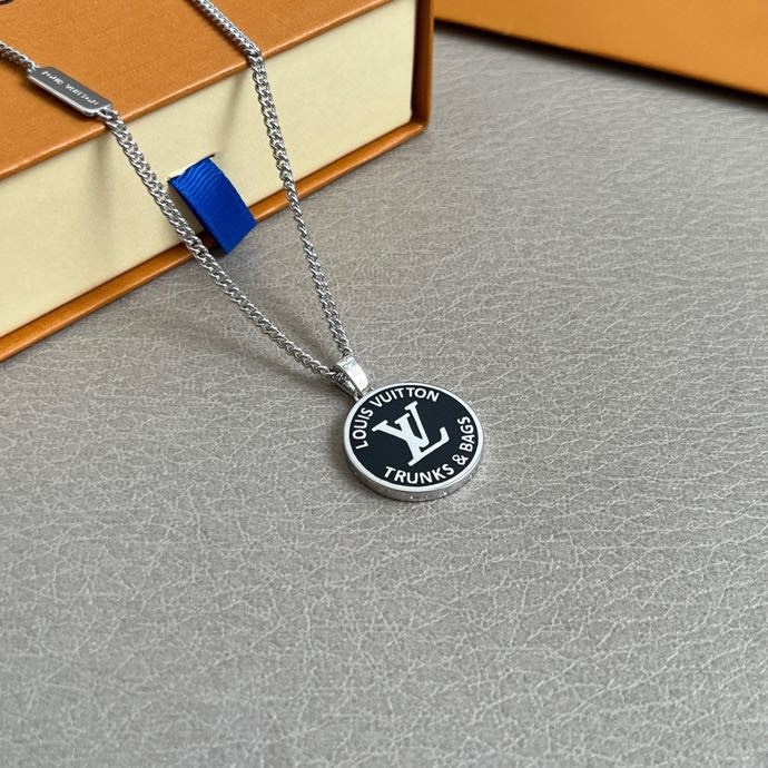 Louis Vuitton round logo pendant necklace with silver chain and clasp