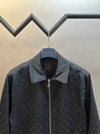 Dark monogram zip-up jacket with stand collar and center zipper