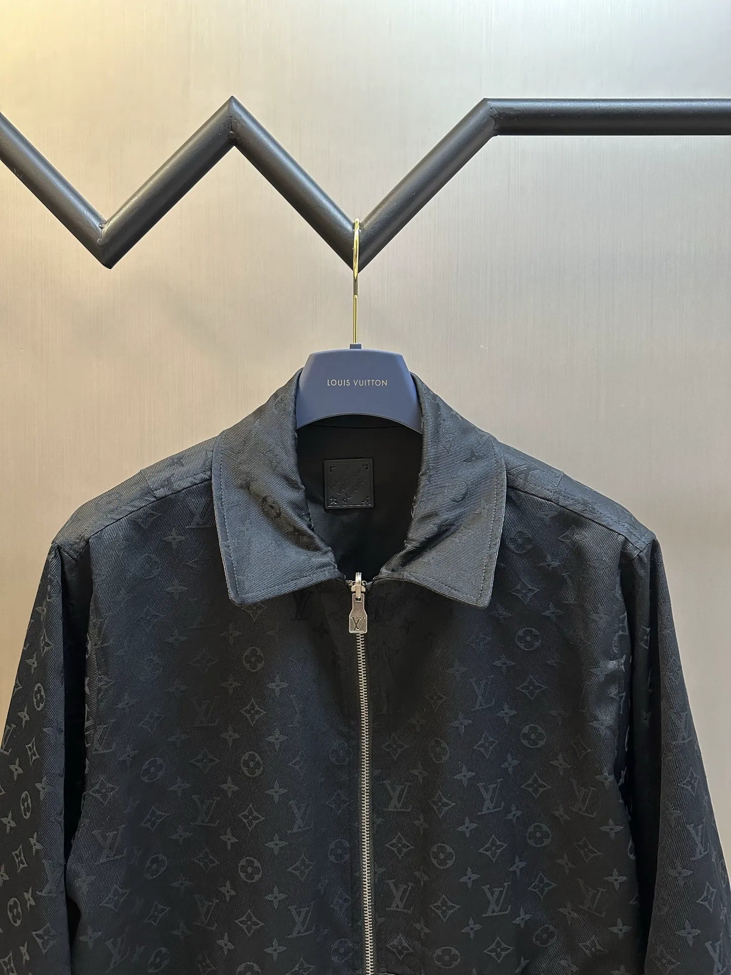 Dark monogram zip-up jacket with stand collar and center zipper