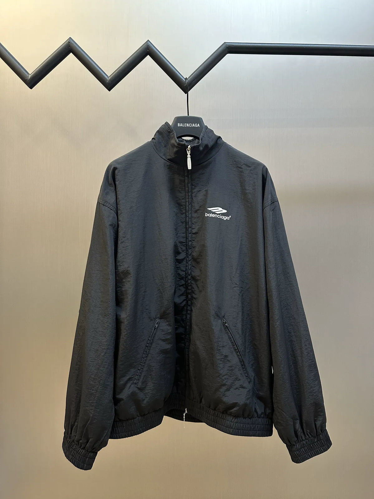 Balenciaga black zip-up bomber jacket with stand collar and two side zippers