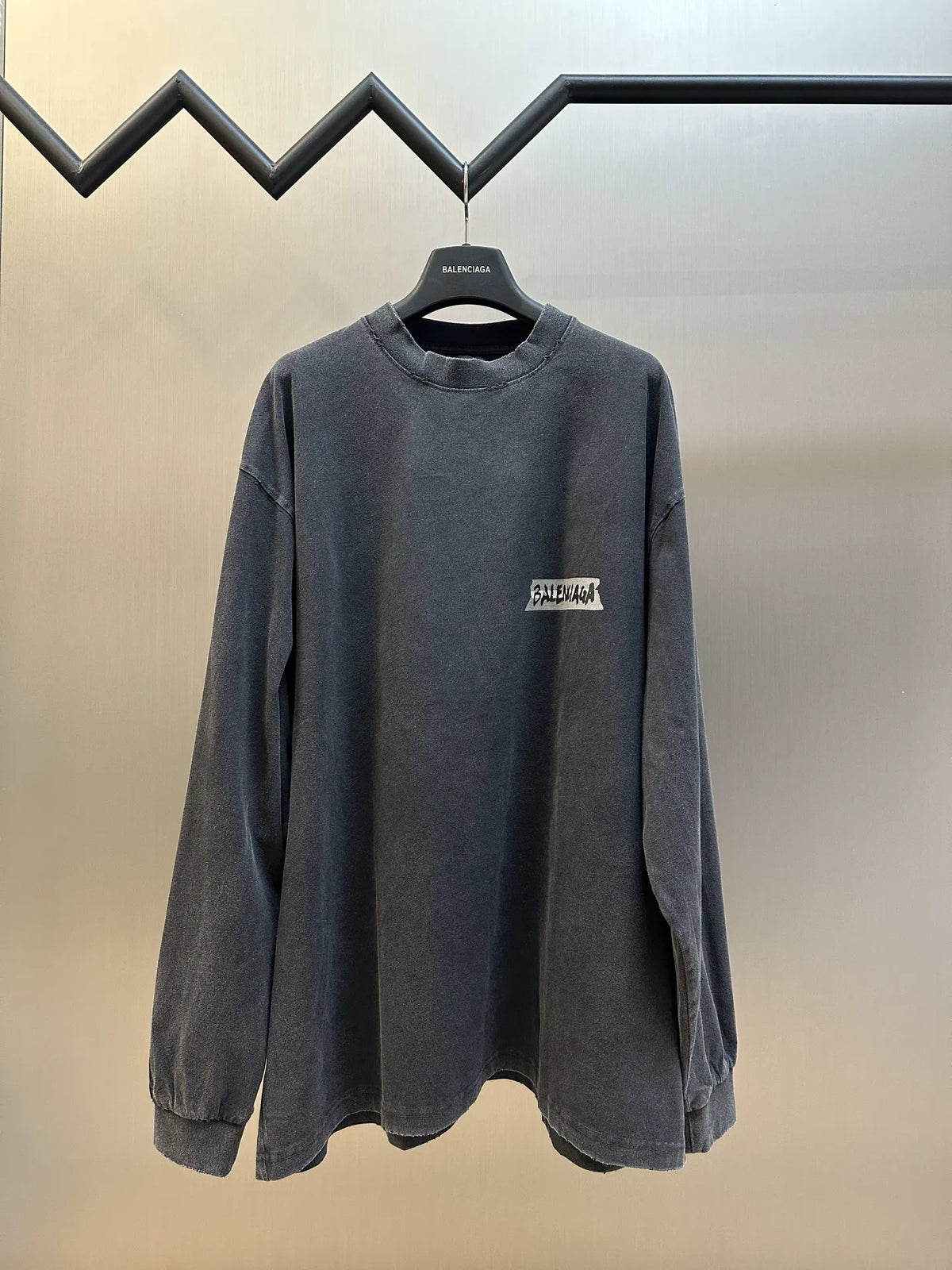 Charcoal long-sleeve crewneck sweatshirt with Balenciaga graphic logo on chest