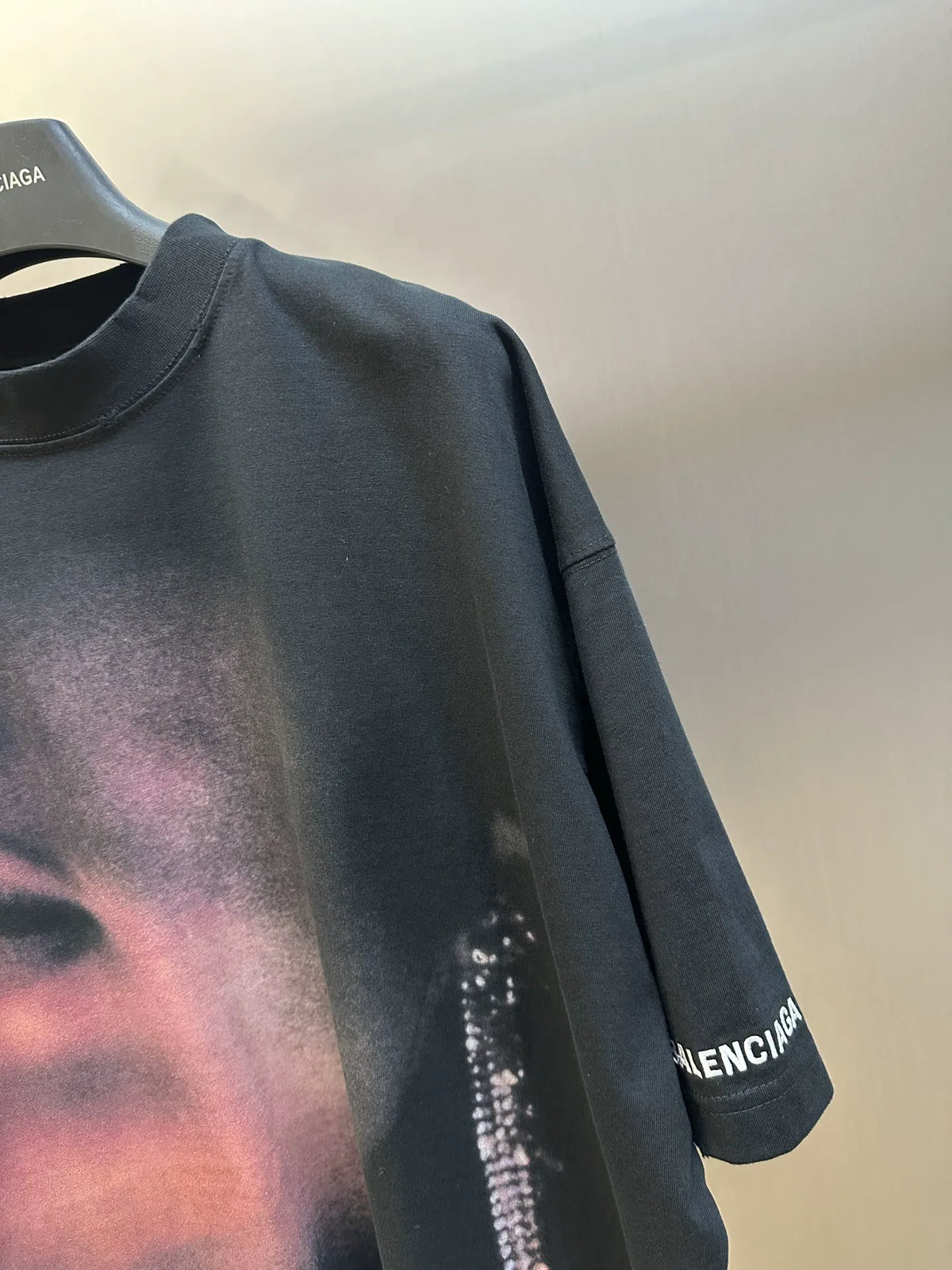 Black Balenciaga T-shirt sleeve and chest graphic with sparkly rhinestone chain detail