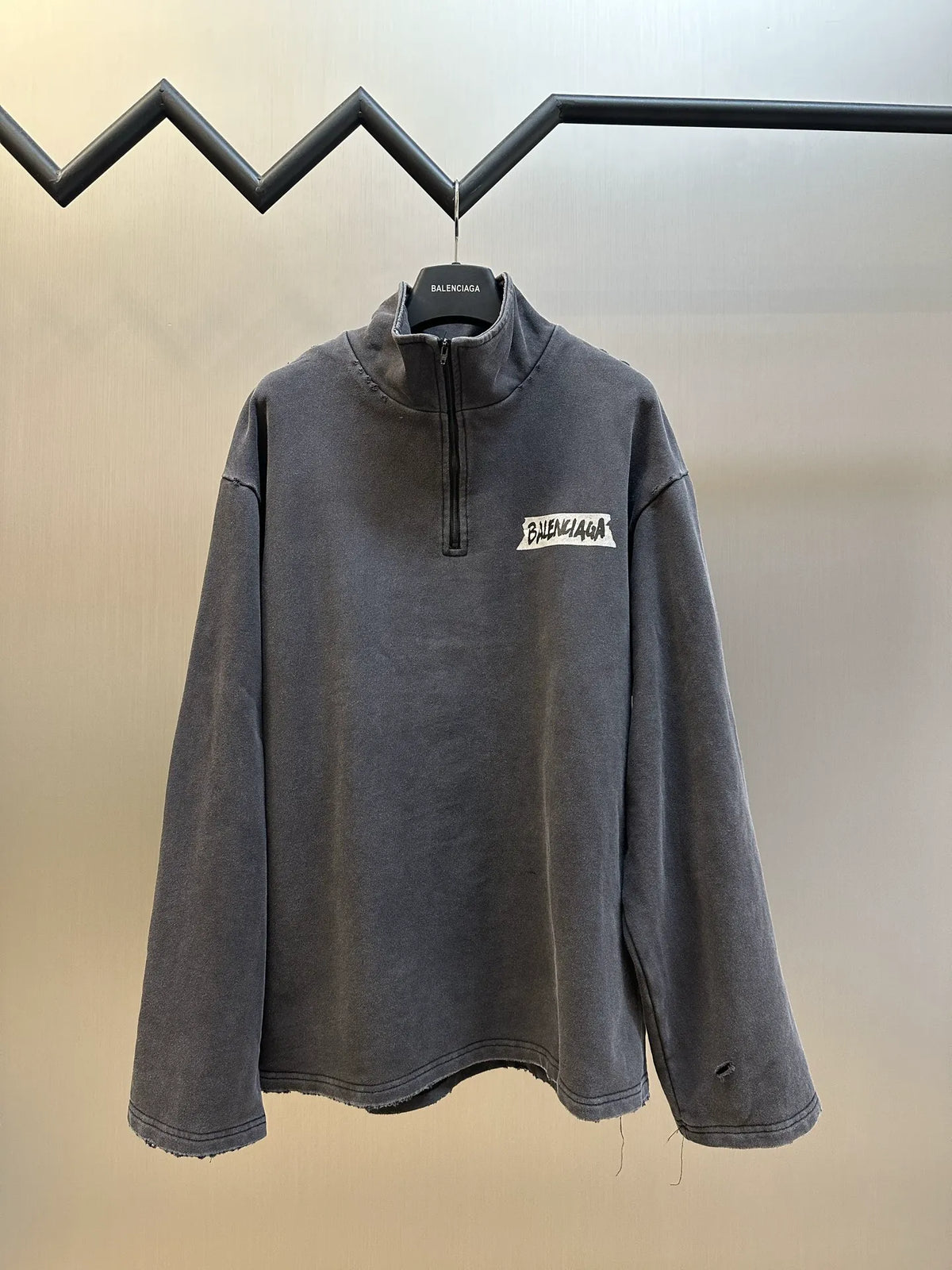 Balenciaga dark gray long-sleeve quarter-zip top with logo patch