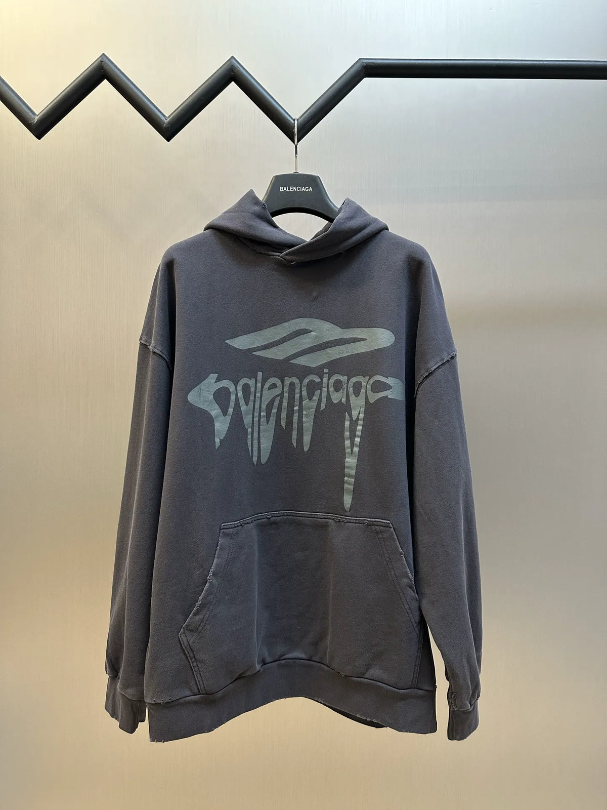 Balenciaga long-sleeve hoodie sweatshirt in dark gray with front logo and kangaroo pocket