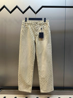 Light beige LV monogram pants, front view with waistband and button fly