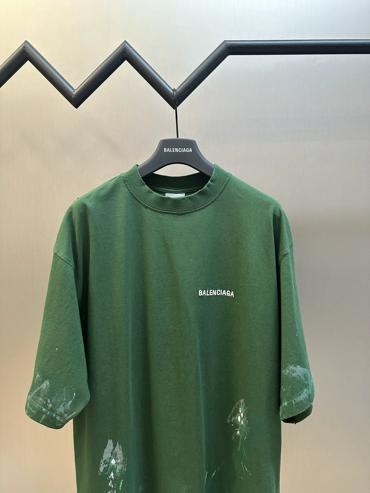 Green Balenciaga crewneck T-shirt with BALENCIAGA chest logo and paint-splash stains