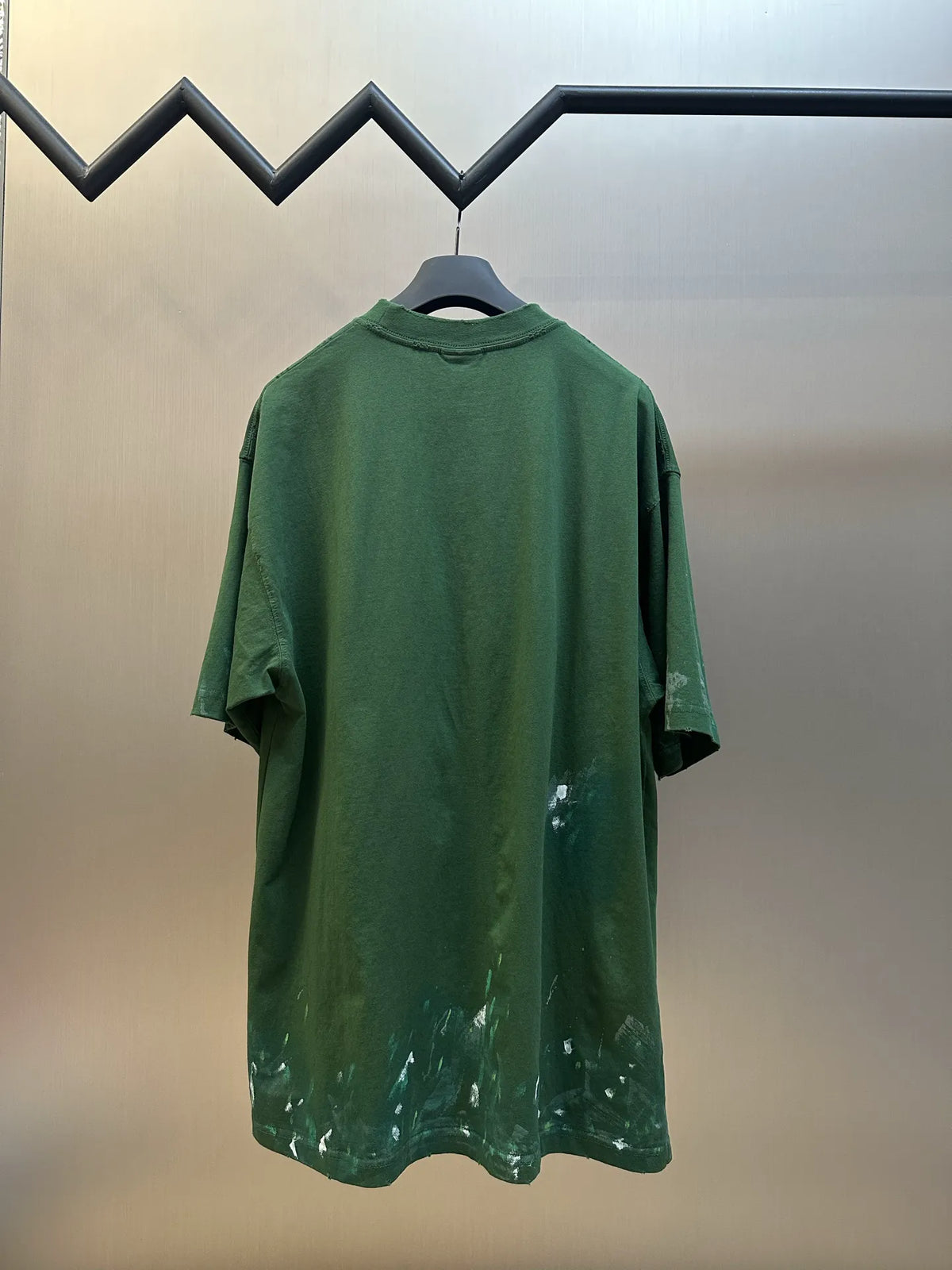 Green Balenciaga crewneck T-shirt, short sleeves, back view with paint-splash marks