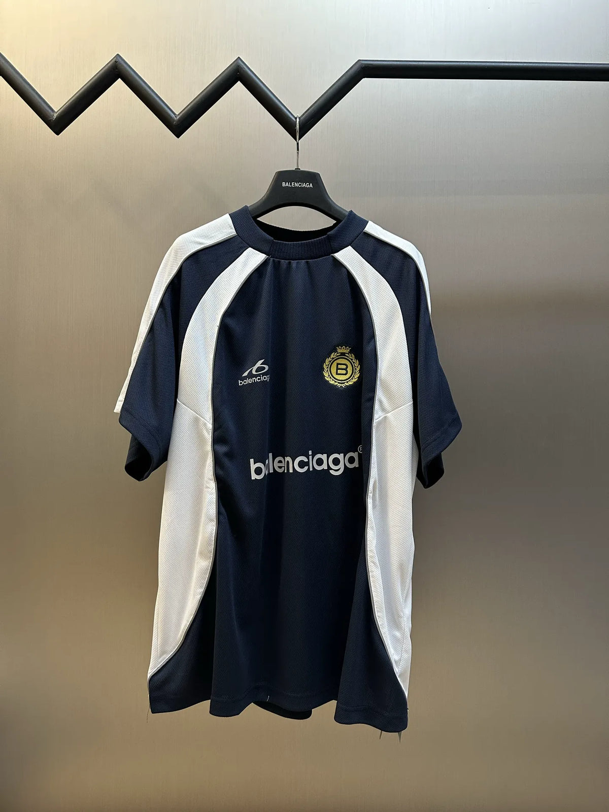 Balenciaga short-sleeve jersey shirt, navy with white raglan stripes and logo front