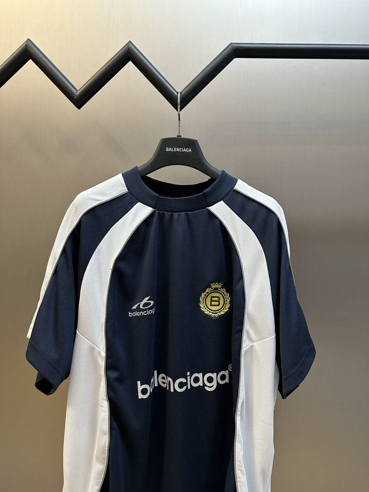 Balenciaga short-sleeve jersey shirt, navy with white raglan stripes and front logos