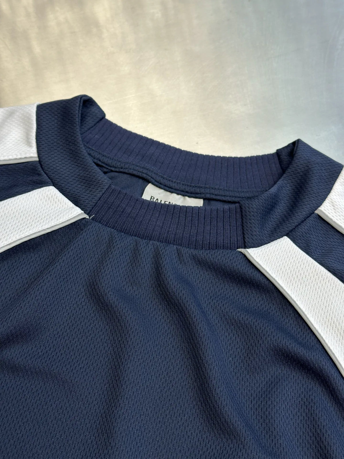 Balenciaga jersey shirt neckline and shoulders, navy knit collar with white stripe