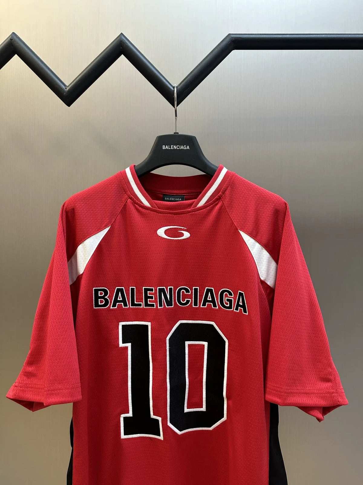 Balenciaga red short-sleeve jersey front view with BALENCIAGA 10 and white shoulder stripes