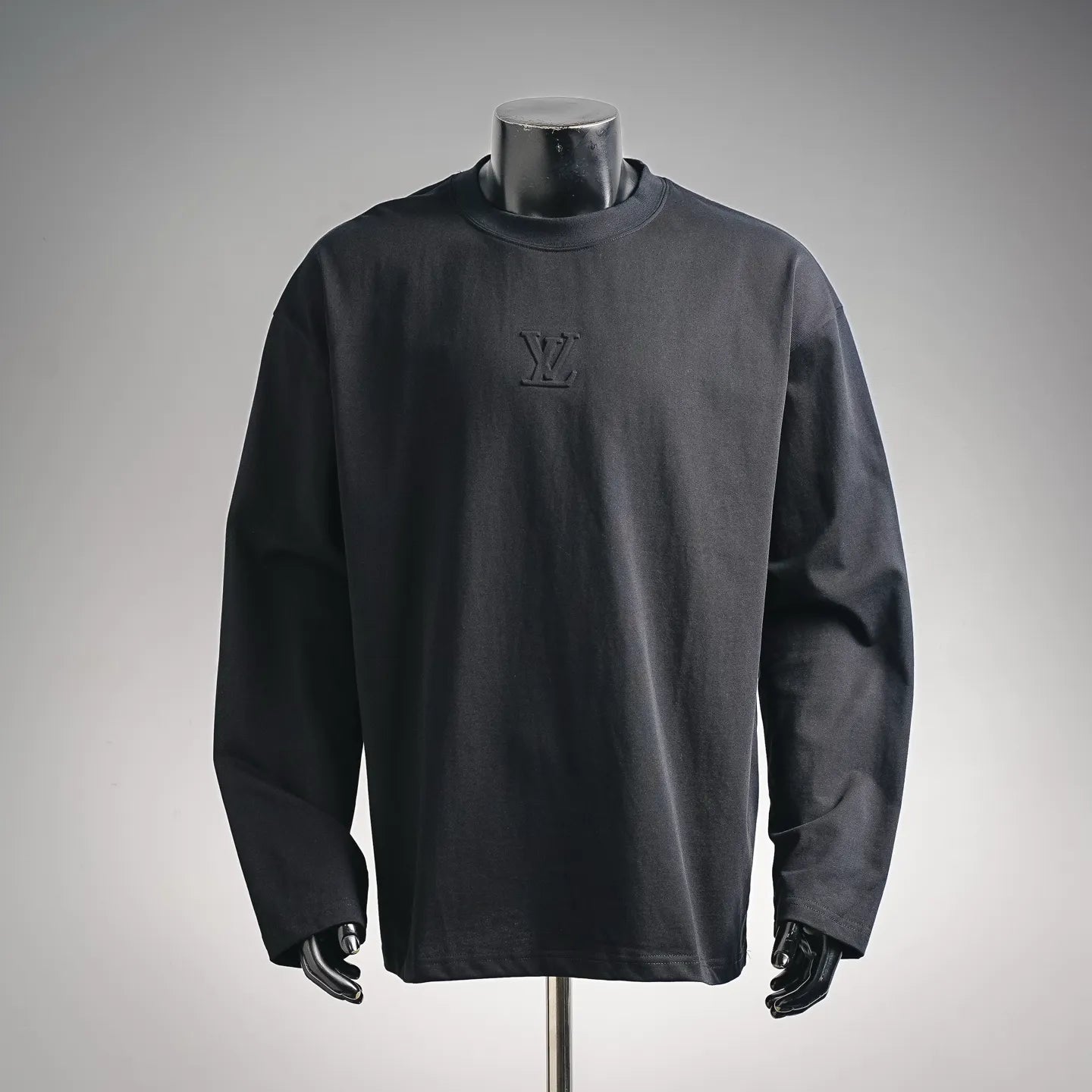 Louis Vuitton long-sleeve mock neck shirt, black, LV logo on chest