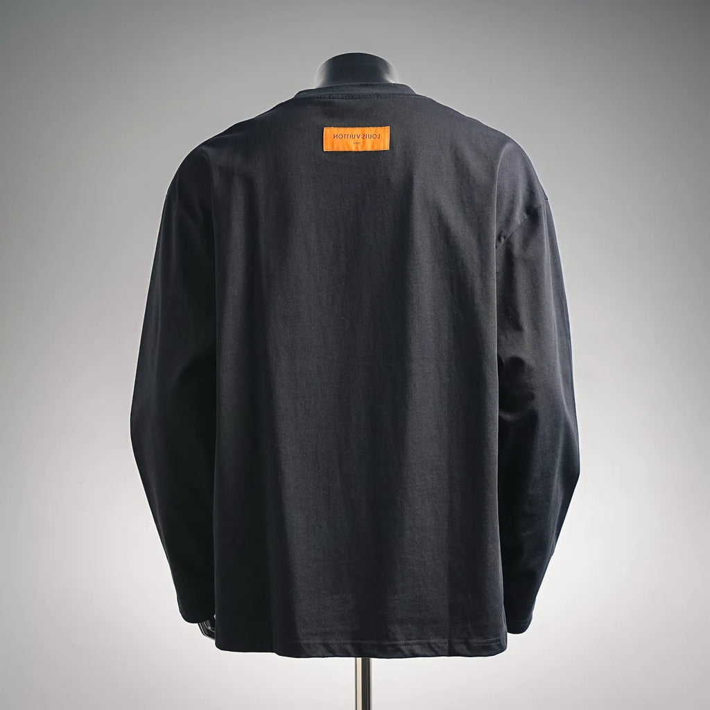 Louis Vuitton long-sleeve mock neck shirt, black, back view with brand label