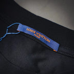 Louis Vuitton collar interior label with blue strip on black mock neck shirt