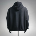 Black zip-up hoodie with hood, plain back, ribbed hem and cuffs