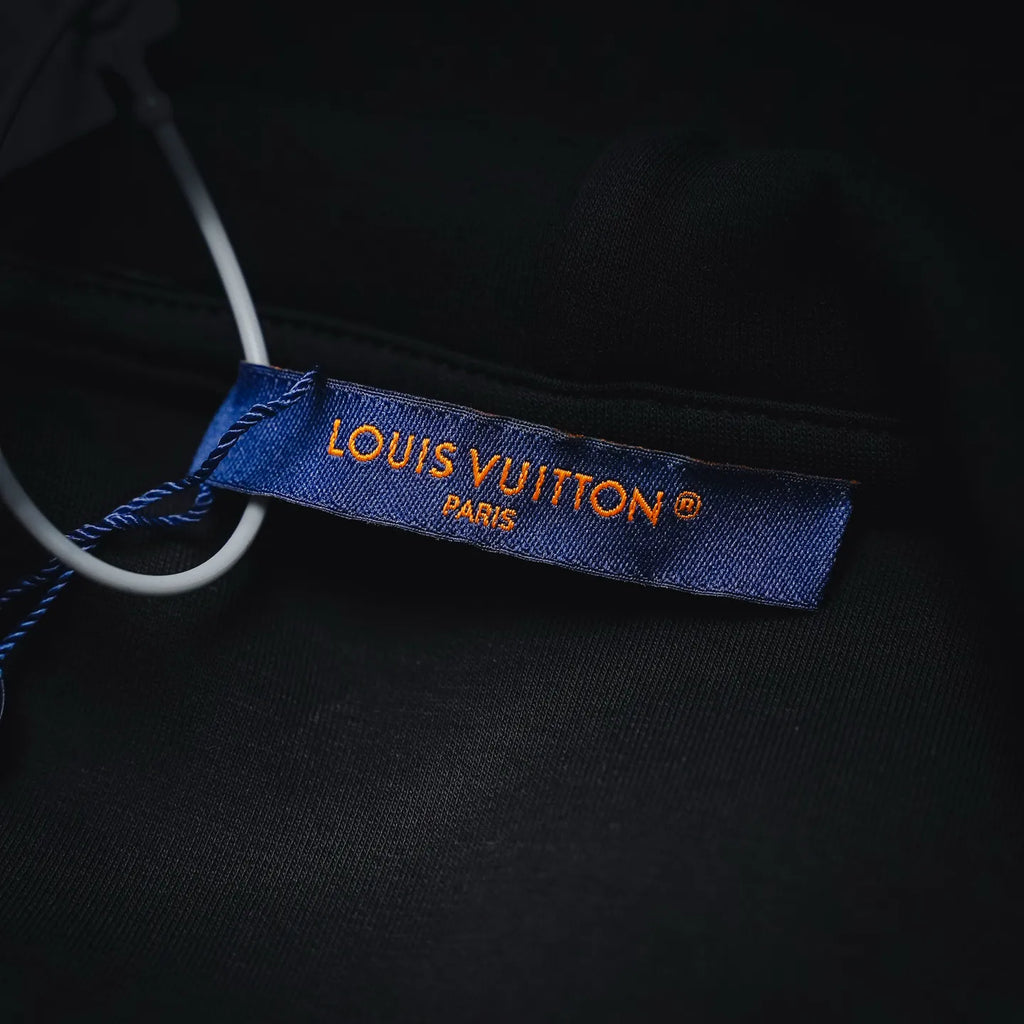 Louis Vuitton Paris fabric neck label inside black hoodie collar