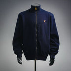 Navy LV zip-up coat with ribbed collar, cuffs, and front gold zipper hardware