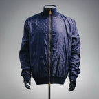 Navy LV zip-up coat with allover monogram pattern and ribbed cuffs