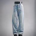Light blue denim jeans with straight legs and button-fly closure
