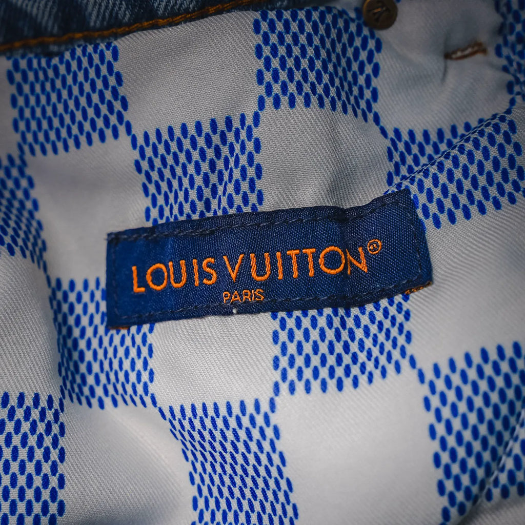 Louis Vuitton Paris fabric label on light blue denim inner waistband