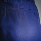 Blue shorts-style pants front seam and stitching detail