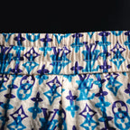 Ruched elastic waistband on blue and navy patterned shorts