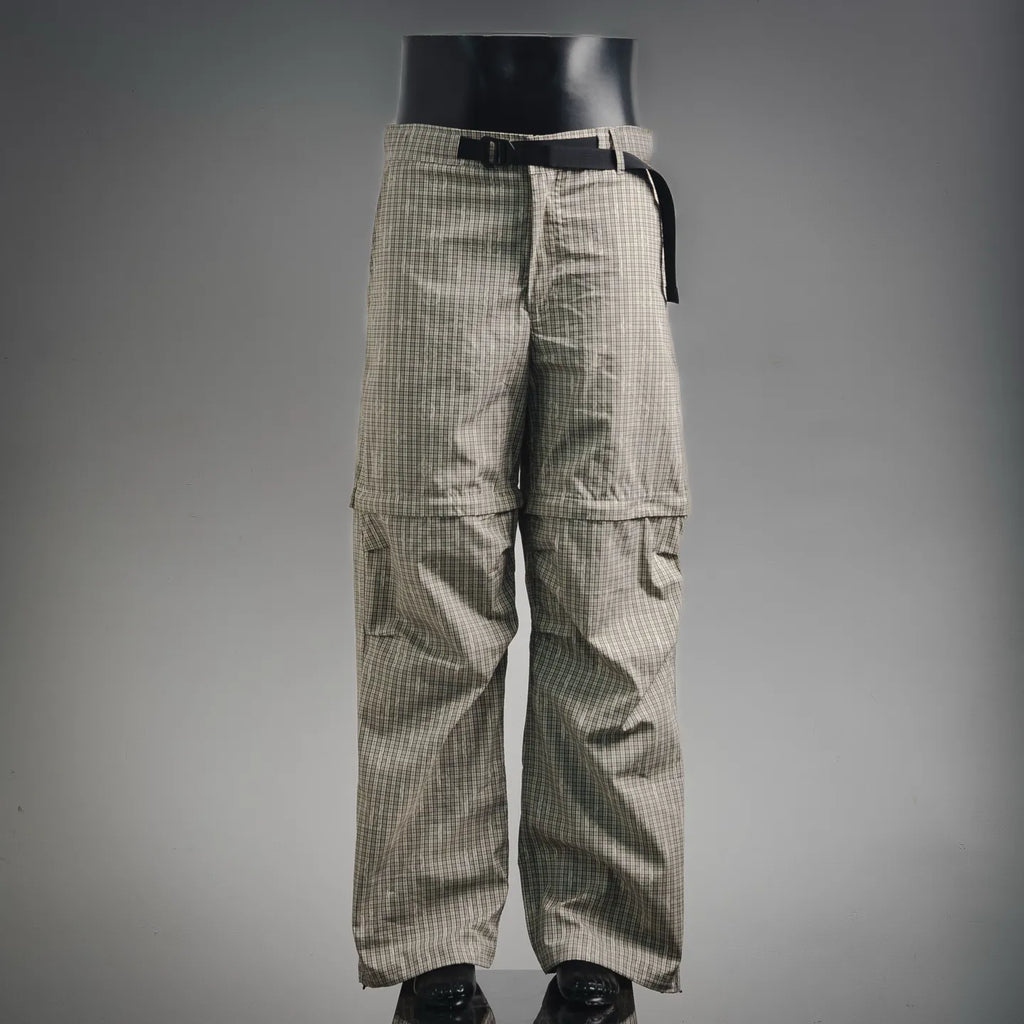 Plaid pants with cargo-style side pockets and drawstring waist