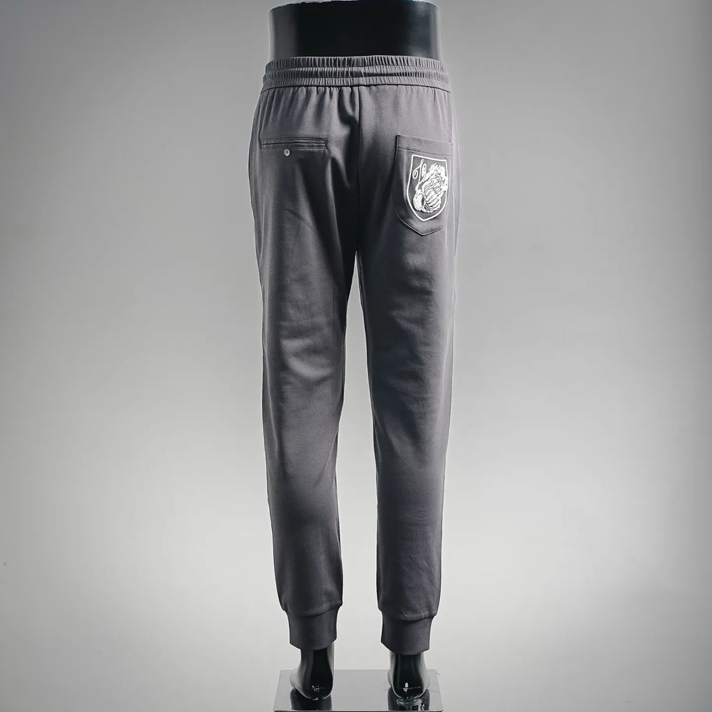 LV men's jogger pants back view with zip pocket and drawstring waist, dark gray