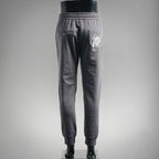 LV men's jogger pants back view with zip pocket and drawstring waist, dark gray