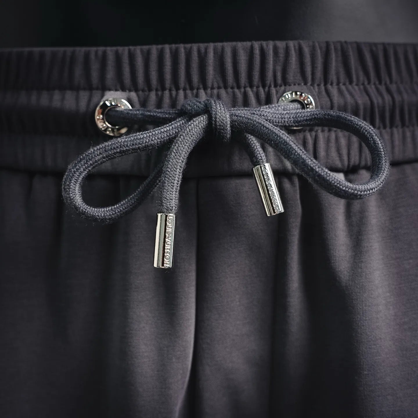 LV men's jogger pants drawstring with metal aglets, dark gray