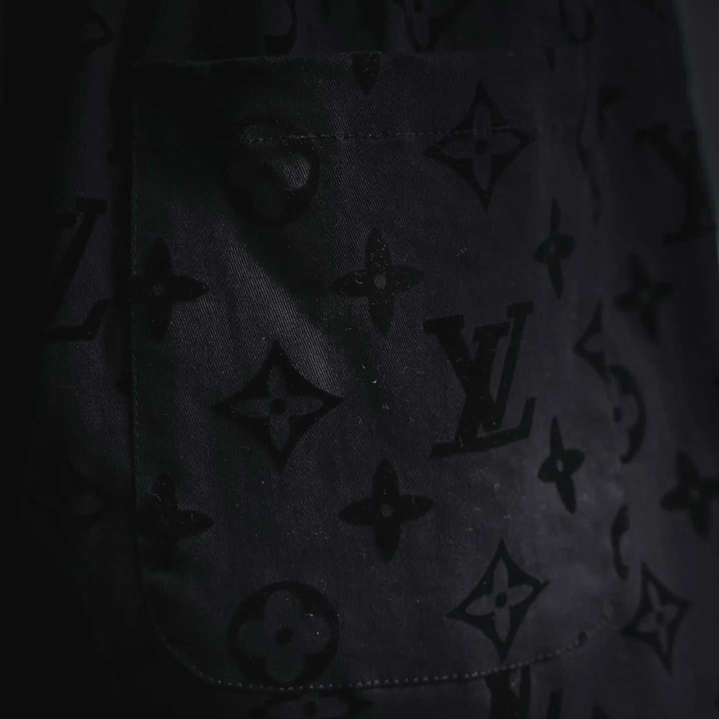 Close-up of black fabric with repeating star and monogram pattern