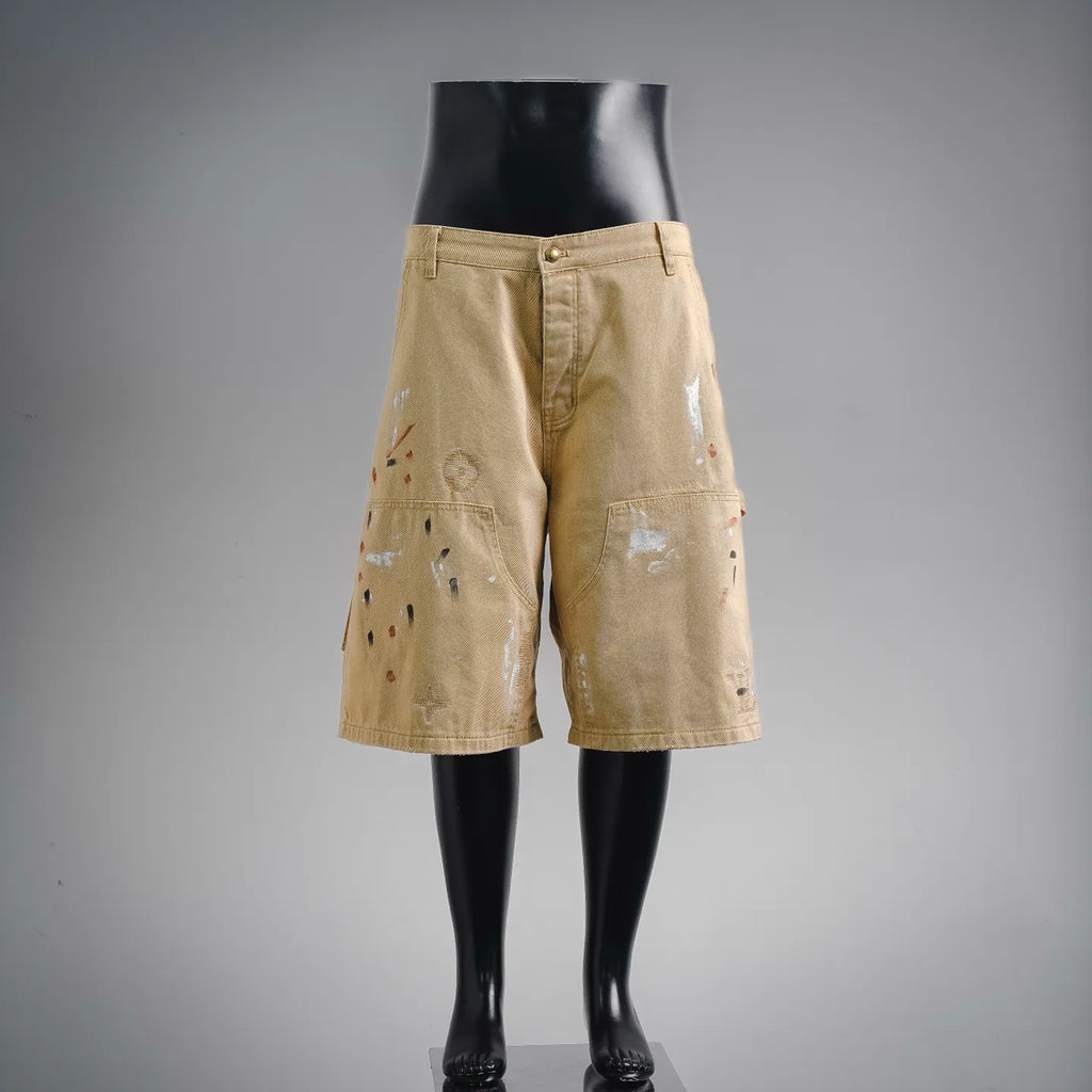 Beige LV utility shorts with button waistband and patch front pockets