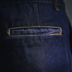 LV dark blue denim shorts front pocket close-up with yellow topstitching