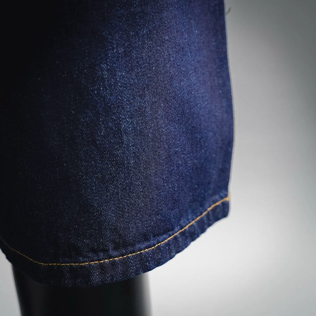 LV dark blue denim shorts hem with yellow contrast stitching