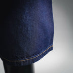 LV dark blue denim shorts hem with yellow contrast stitching