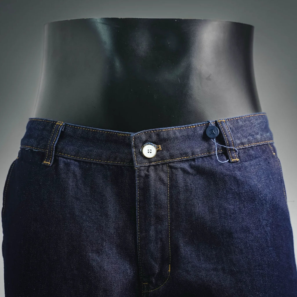 LV dark blue denim shorts waistband with button closure and front pockets