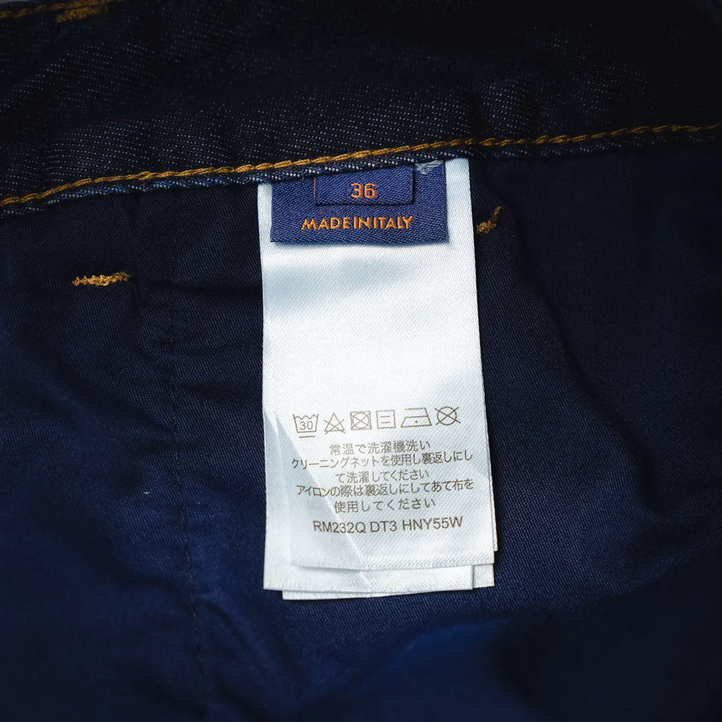 LV denim shorts care label tag with size 36 and made in Japan info