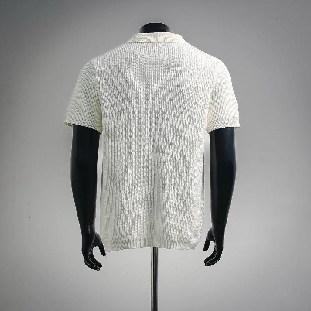 Off-white knit short-sleeve polo shirt, back view with ribbed texture