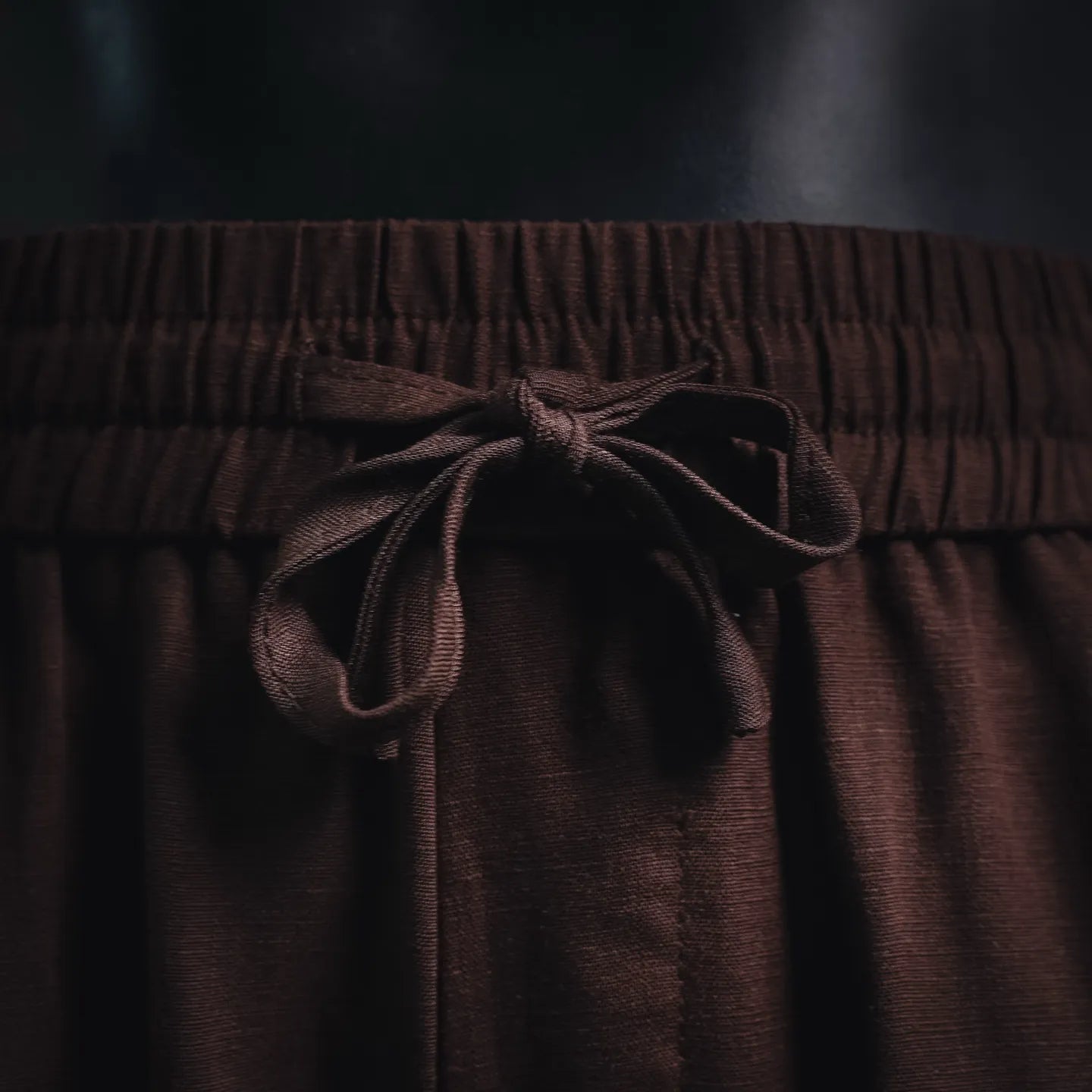 Prada pants drawstring tied at the elastic waistband in dark burgundy