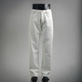 White Prada pants with button-fly, belt loops, and stitched side pockets.