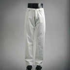 White Prada pants with button-fly, belt loops, and stitched side pockets.
