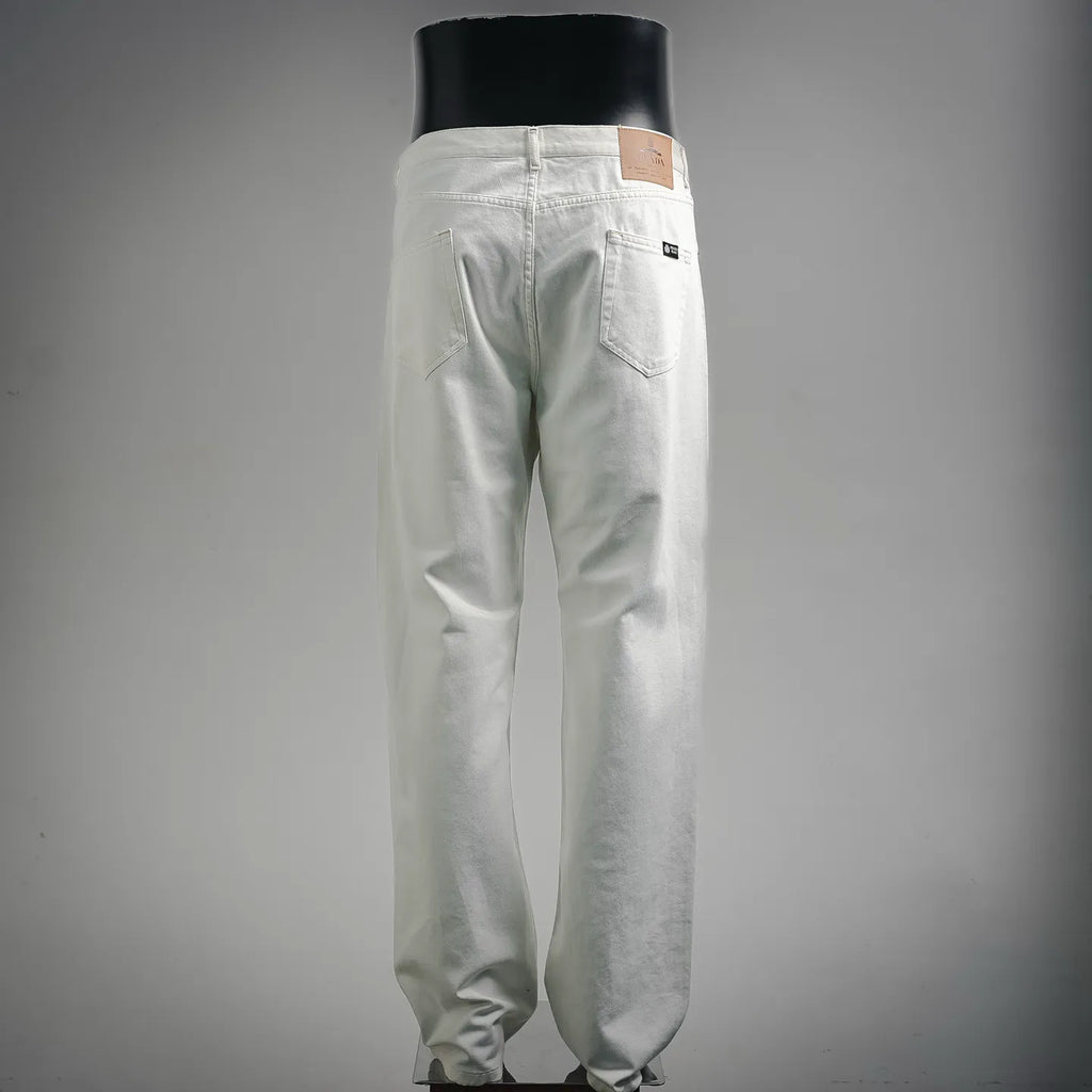 White Prada pants, back view with two pockets and stitched seams.