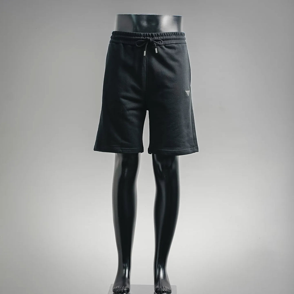 Black knee-length drawstring shorts with elastic waistband