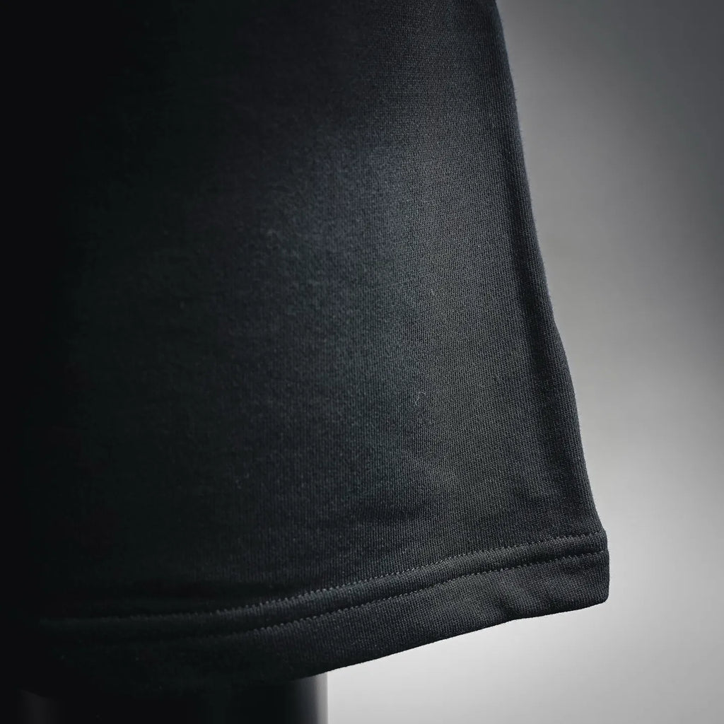 Straight hem with ribbed trim on black shorts