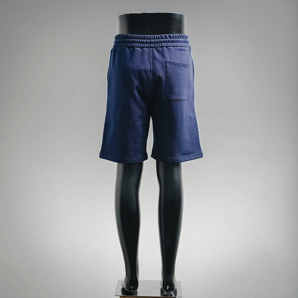Prada blue drawstring shorts, back view with welt pocket